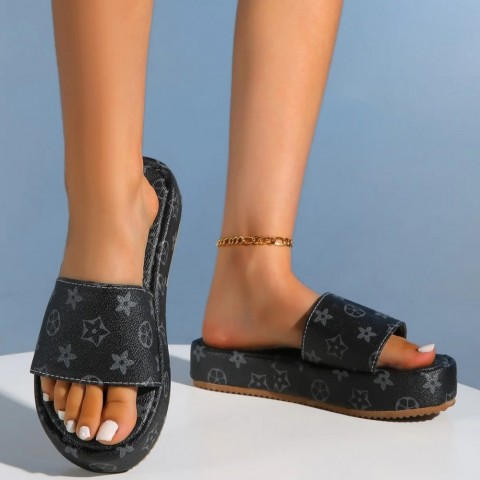 Black Beige Brown Women's Wide Flat Sandals with Hook & Loop Closure
