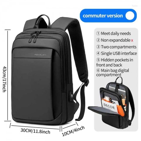 Fenruien Men's Waterproof Laptop Backpack with USB Charging