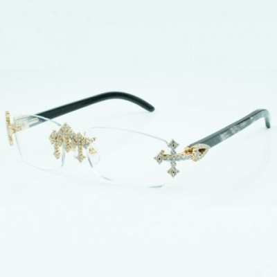 Cross Diamond Gold Black Textured Buffalo Horn Unisex Eyeglass Frame 3524012