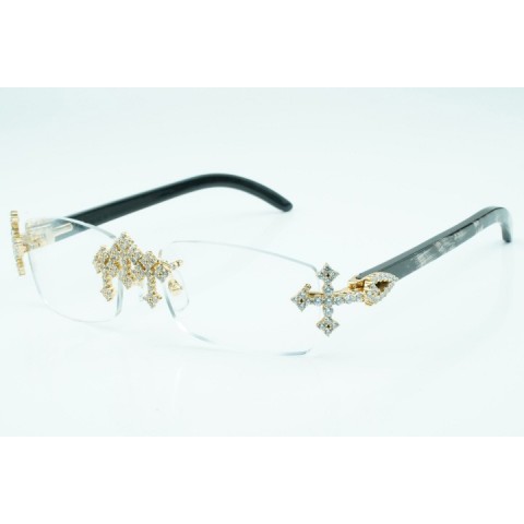 Cross Diamond Gold Black Textured Buffalo Horn Unisex Eyeglass Frame 3524012