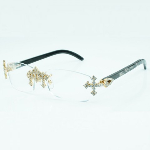 Cross Diamond Gold Black Textured Buffalo Horn Unisex Eyeglass Frame 3524012