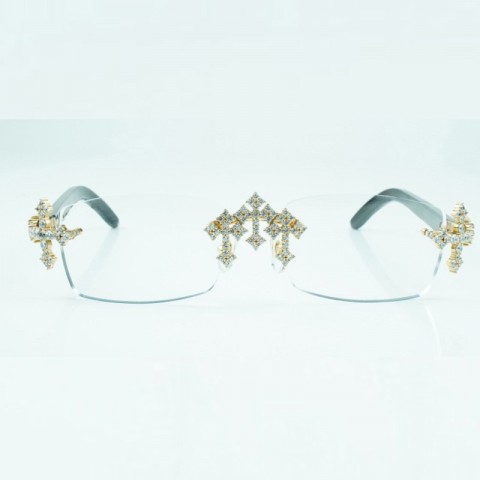 Cross Diamond Gold Black Textured Buffalo Horn Unisex Eyeglass Frame 3524012