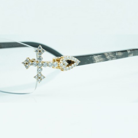 Cross Diamond Gold Black Textured Buffalo Horn Unisex Eyeglass Frame 3524012
