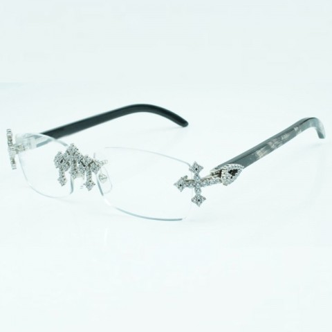 Cross Diamond Gold Black Textured Buffalo Horn Unisex Eyeglass Frame 3524012