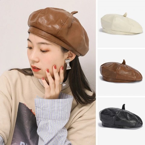 Elegant Vintage PU Leather Beret for Women