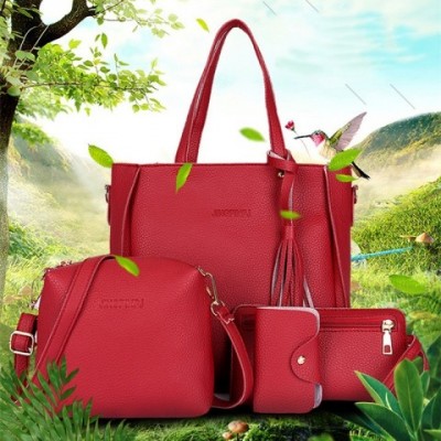 Elegant 4Pcs Women's Handbag Set with Top-Handle, Messenger, Wallet & Key Holder in PU Leather