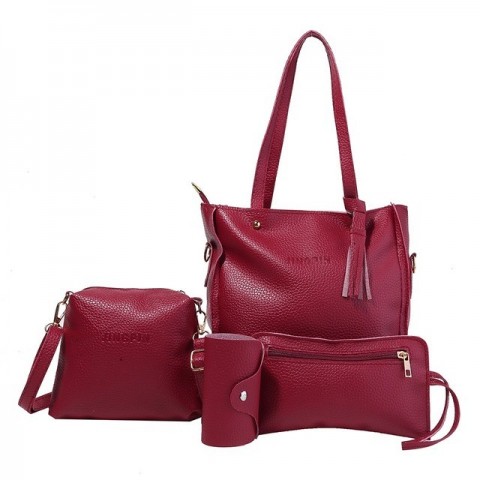 Elegant 4Pcs Women's Handbag Set with Top-Handle, Messenger, Wallet & Key Holder in PU Leather