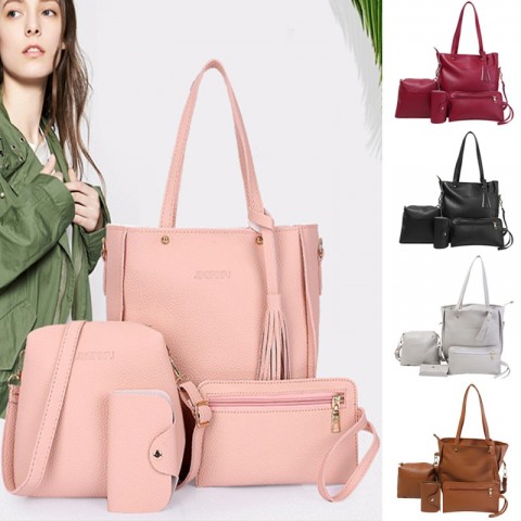 Elegant 4Pcs Women's Handbag Set with Top-Handle, Messenger, Wallet & Key Holder in PU Leather