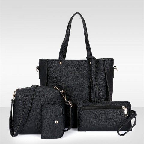 Elegant 4Pcs Women's Handbag Set with Top-Handle, Messenger, Wallet & Key Holder in PU Leather