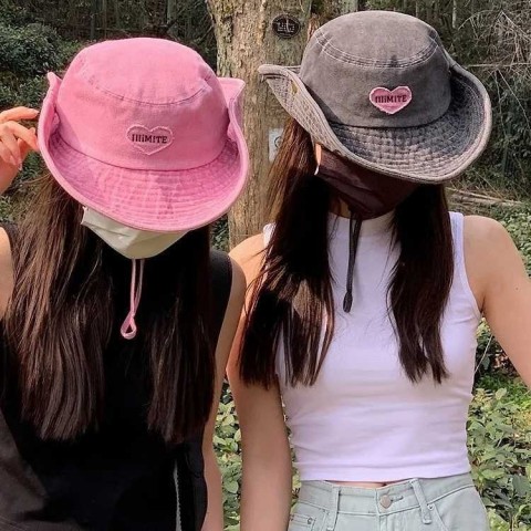 Retro Pink Denim Bucket Hat for Women - W250415
