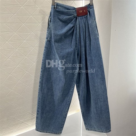 Designer Leather Label Women's Casual Wide Leg Vintage Washed Loose Jeans