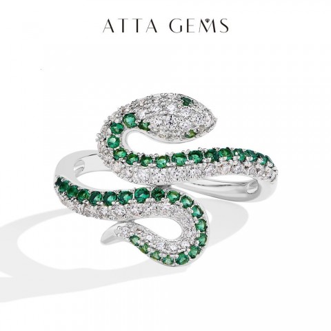 ATTAGEMS Unisex Snake Design Wedding Ring in Sterling Silver with Full Diamond D VVS1 Inlay
