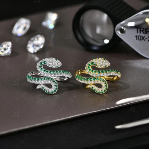 ATTAGEMS Unisex Snake Design Wedding Ring in Sterling Silver with Full Diamond D VVS1 Inlay