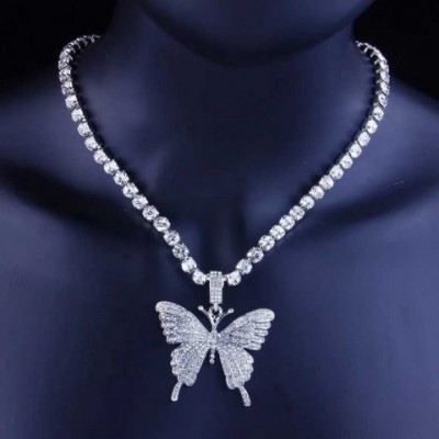 Hip Hop Large Crystal Pendant Necklace with Rhinestone Chain for Women