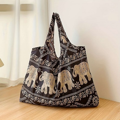 Spacious Elephant Print Tote Bag - Large, Water-Resistant, Foldable Nylon with Multiple Pockets