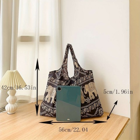 Spacious Elephant Print Tote Bag - Large, Water-Resistant, Foldable Nylon with Multiple Pockets