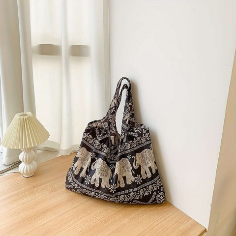 Spacious Elephant Print Tote Bag - Large, Water-Resistant, Foldable Nylon with Multiple Pockets