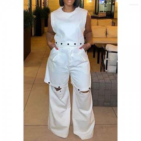 White Plus Size Women's Casual Tracksuit with Detachable Hoodie and Pockets