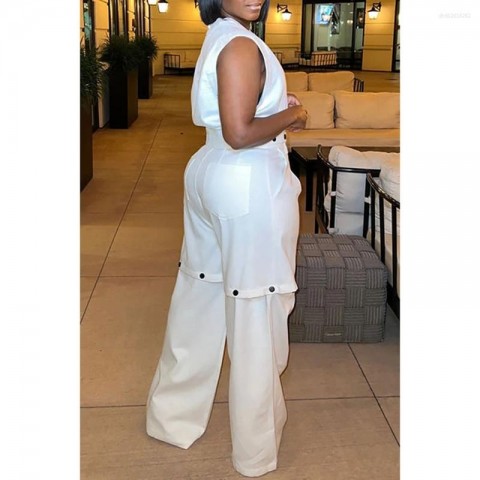 White Plus Size Women's Casual Tracksuit with Detachable Hoodie and Pockets