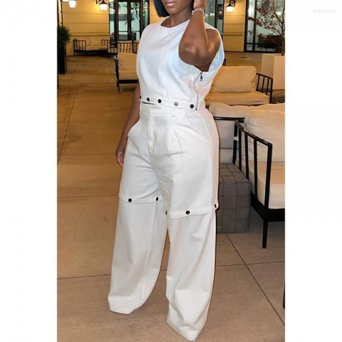White Plus Size Women's Casual Tracksuit with Detachable Hoodie and Pockets