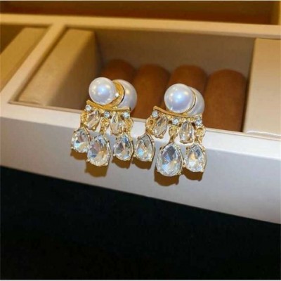 Pearl Drop Gold Plated Stud Earrings with Cubic Zirconia for Women's Wedding and Party