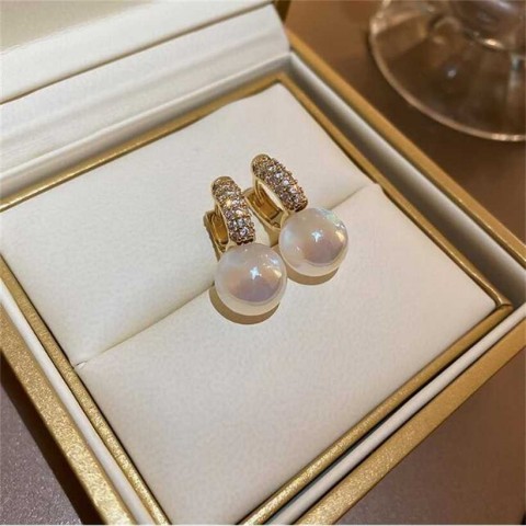 Pearl Drop Gold Plated Stud Earrings with Cubic Zirconia for Women's Wedding and Party