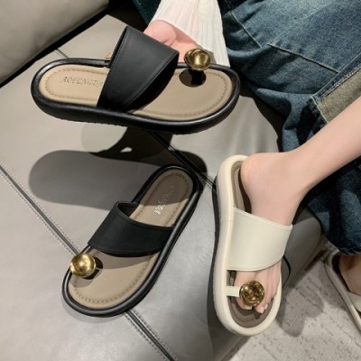 Off-White and Black Women's Flip-Flops for Summer 2025, Versatile Beach Sandals Size 35-40