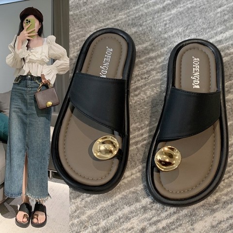 Off-White and Black Women's Flip-Flops for Summer 2025, Versatile Beach Sandals Size 35-40