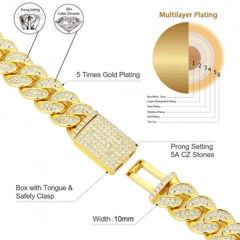 Elegant 10mm CZ Stone Cuban Link Chain, Silver Gold Plated Iced Out Necklace for Men and Women 250318