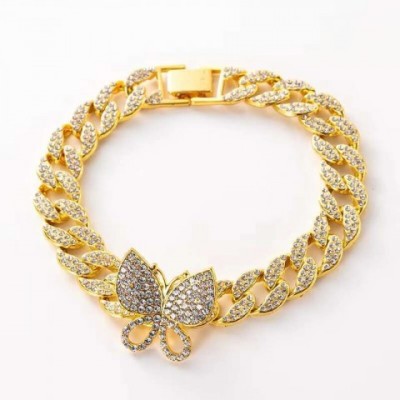 Charm Bracelets 2025 Hip Hop Iced Pink Diamond Cuban Chain Butterfly Design for Unisex