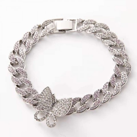 Charm Bracelets 2025 Hip Hop Iced Pink Diamond Cuban Chain Butterfly Design for Unisex