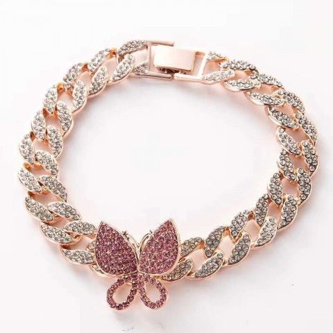 Charm Bracelets 2025 Hip Hop Iced Pink Diamond Cuban Chain Butterfly Design for Unisex