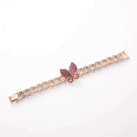 Charm Bracelets 2025 Hip Hop Iced Pink Diamond Cuban Chain Butterfly Design for Unisex