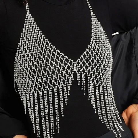CUIER Women's Full Crystal Rhinestones Tassel Bra Body Chain Underwear