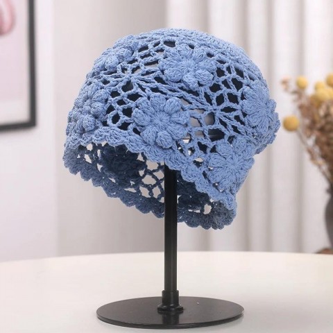Wide Brim Hand Crocheted Women's Summer Hat with Hollow Flower Design