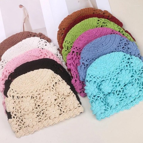Wide Brim Hand Crocheted Women's Summer Hat with Hollow Flower Design