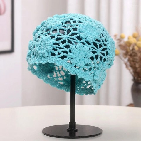 Wide Brim Hand Crocheted Women's Summer Hat with Hollow Flower Design