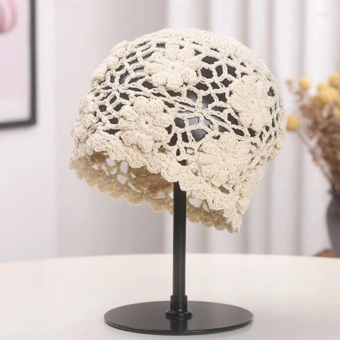Wide Brim Hand Crocheted Women's Summer Hat with Hollow Flower Design