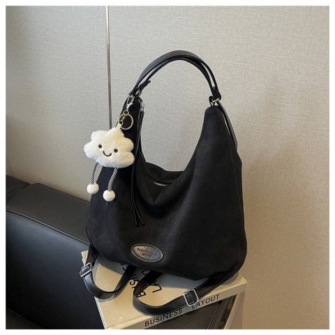 Womens Vintage Foldable Shoulder Bag 2025 Large Capacity Suede Pendant