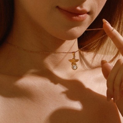 Zircon Angel Pendant Necklace in 18K Gold Plated Stainless Steel for Women
