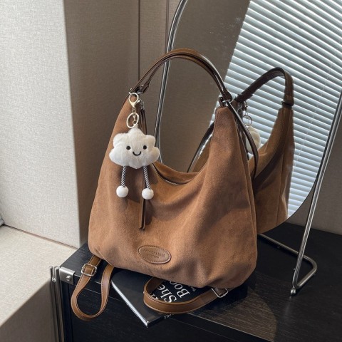 Womens Vintage Foldable Shoulder Bag 2025 Large Capacity Suede Pendant