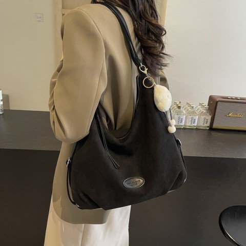 Womens Vintage Foldable Shoulder Bag 2025 Large Capacity Suede Pendant