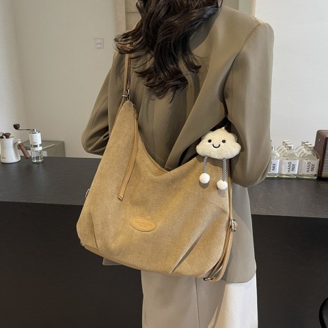 Womens Vintage Foldable Shoulder Bag 2025 Large Capacity Suede Pendant