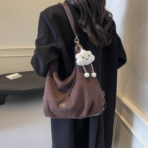 Womens Vintage Foldable Shoulder Bag 2025 Large Capacity Suede Pendant