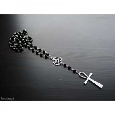 Ankh Pentagram Pendant Necklace for Women, Black Leather Chain, Wicca Fashion Jewelry