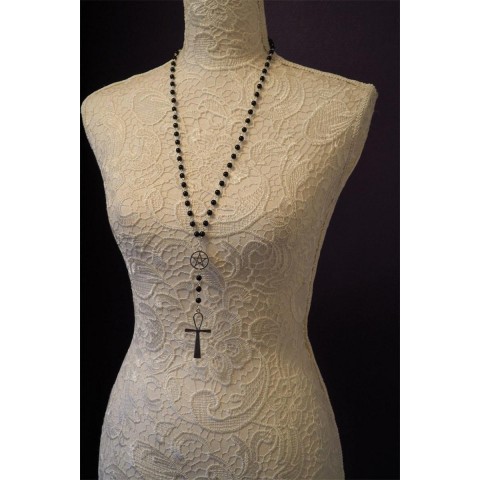 Ankh Pentagram Pendant Necklace for Women, Black Leather Chain, Wicca Fashion Jewelry