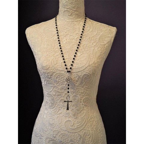 Ankh Pentagram Pendant Necklace for Women, Black Leather Chain, Wicca Fashion Jewelry