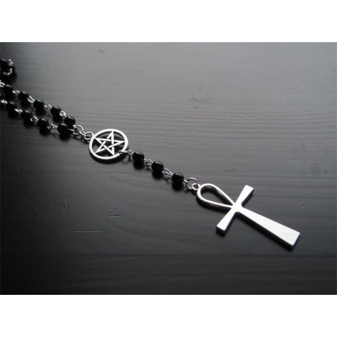 Ankh Pentagram Pendant Necklace for Women, Black Leather Chain, Wicca Fashion Jewelry