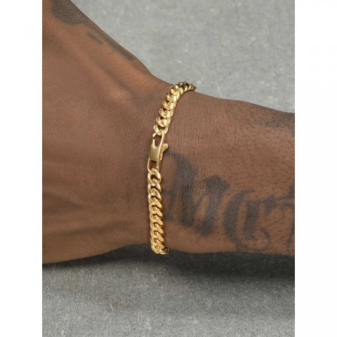 Stainless Steel 18K Gold Plated Mens Cuban Chain Bracelet - Punk Style