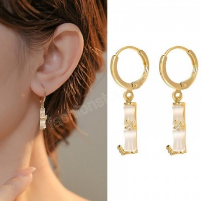 Trendy 18K Gold Plated Transparent Opal Bamboo Dangle Earrings for Women